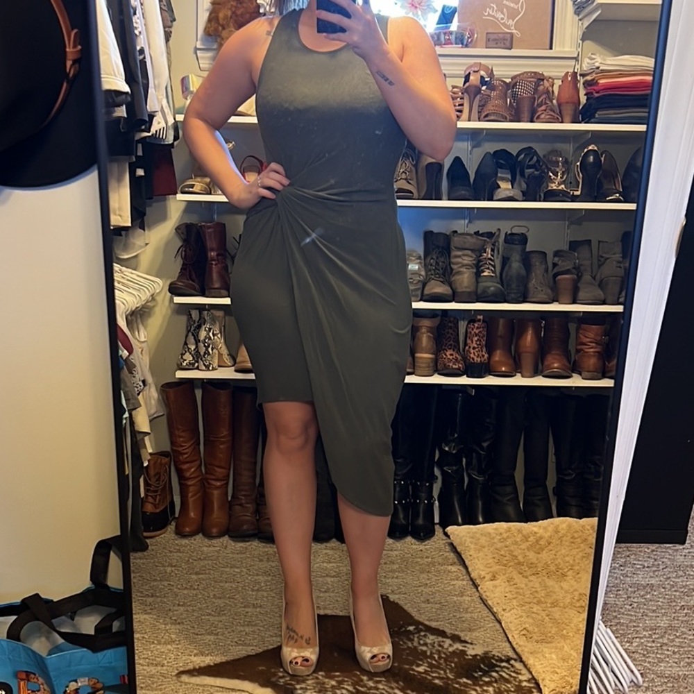 Express olive green side ruched dressing, size small